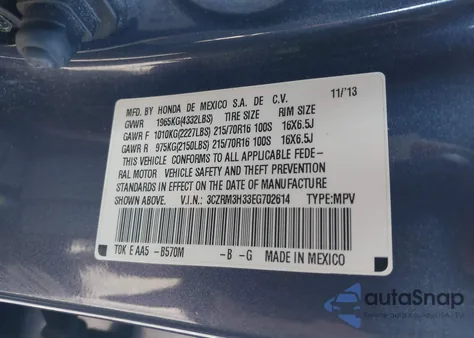 2014 Honda Cr-V Lx из США, поврежденный, VIN 3CZRM3H33EG702614